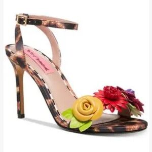 Betsey Johnson Floral Embellished Heels – Leopard Print Strap Sandals Size 9M